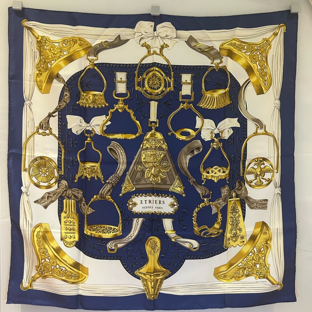 Authentic Hermes Vintage Silk Scarf Blue and Gold Etriers